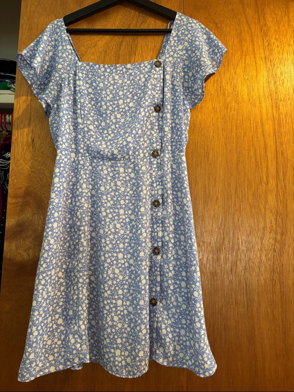 Sienna Sky Light Blue Floral Square-Neck Button Dress